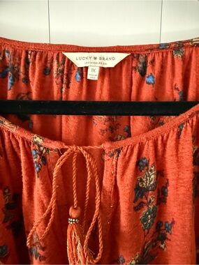 Lucky Brand Burnt Orange Floral Tie-Neck Blouse